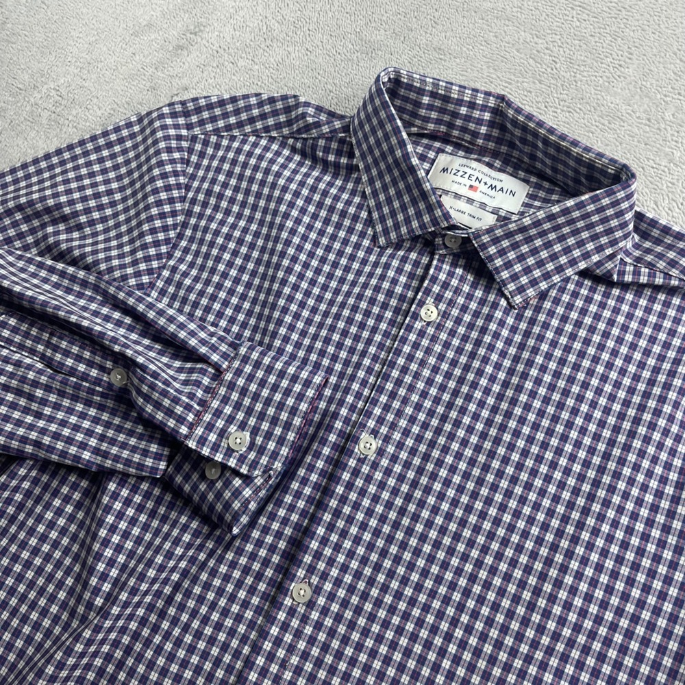 Mizzen + Main Leeward Collection Dress Shirt Mens XL Trim Fit Blue Red Check